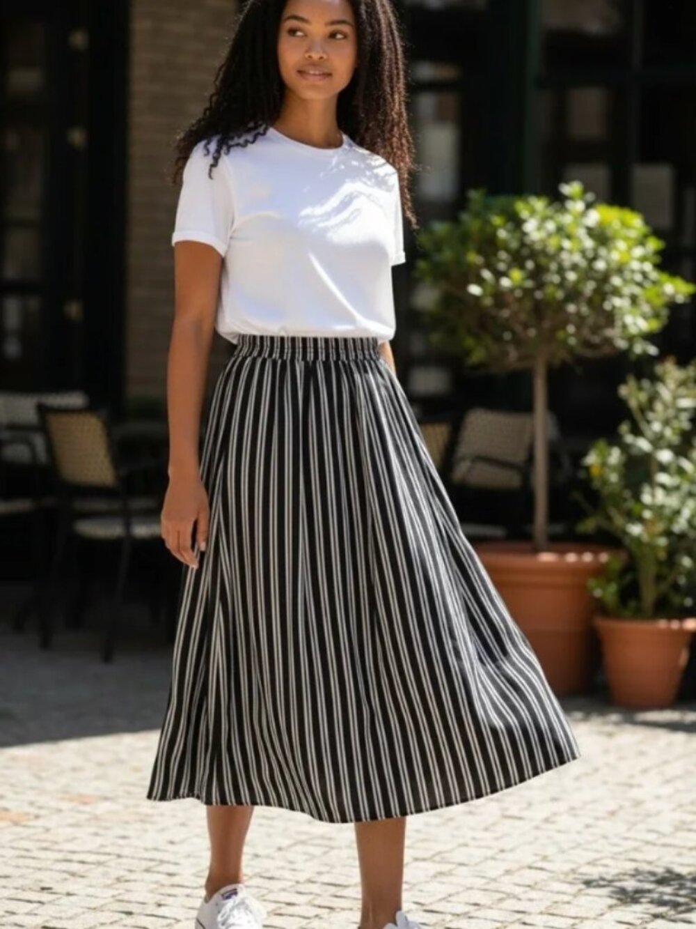 J. Crew Black and Ivory Vertical Stripe Midi Skirt